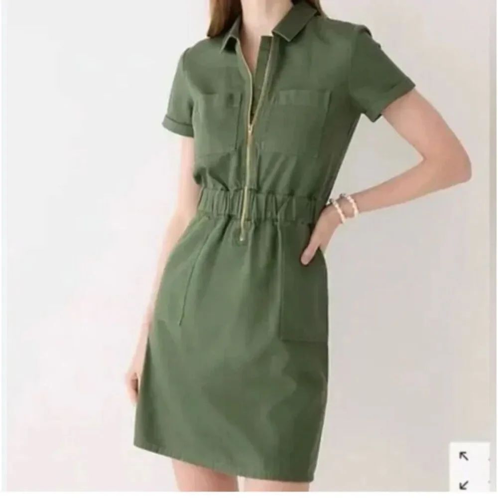 J. Crew Zip Front Utility Mini Shirt Dress. Olive. Size 10